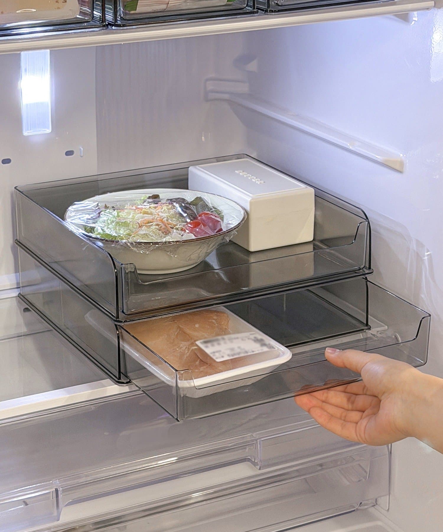 冷蔵庫収納ボックストレー浅型セット：M ￥880(税込)